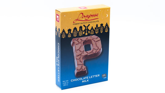 Chocolate letter 'P' packaging with Lagasse branding on a white background