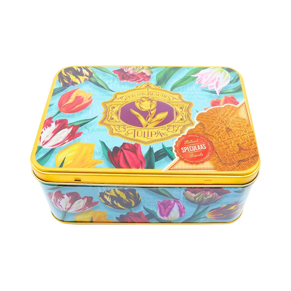 Pretty Tulips Green Tin with DeRuijter Speculaas Cookies