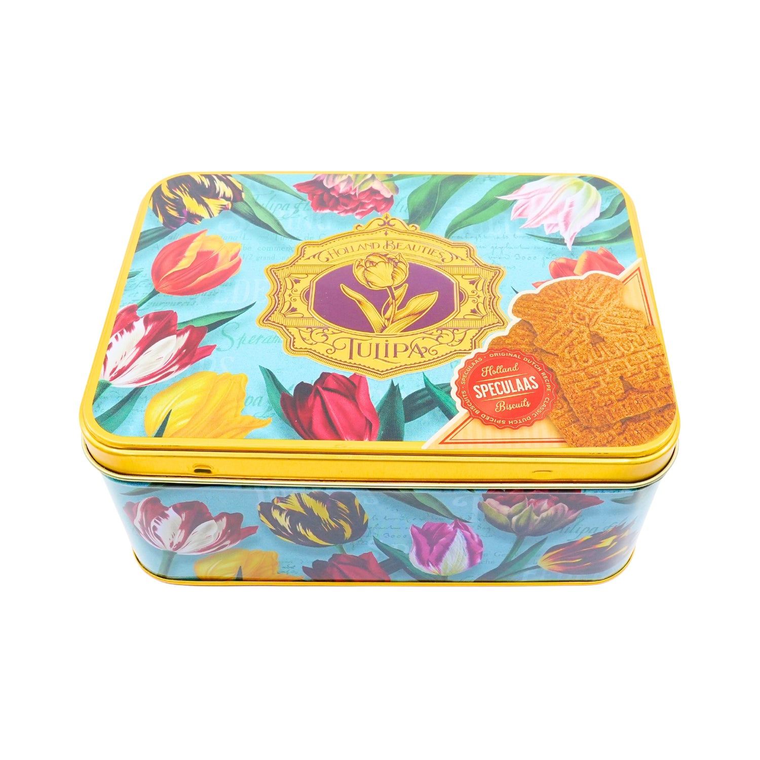 Pretty Tulips Green Tin with DeRuijter Speculaas Cookies