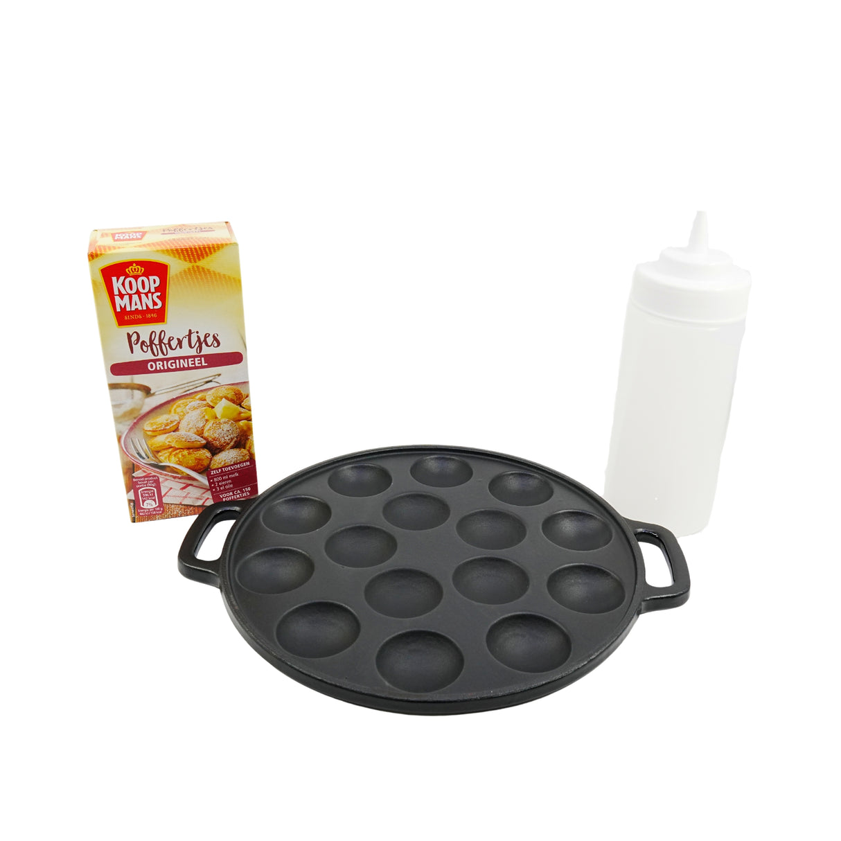 Koopmans Poffertjes Making Kit with Cast Iron Poffertjes Pan , Batter Bottle and Mix