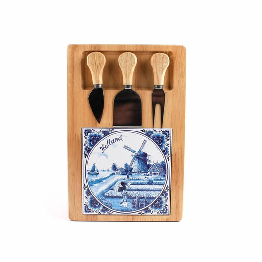 Cheese board 11.8 x 7.8 inches Delft tile & 3 knives