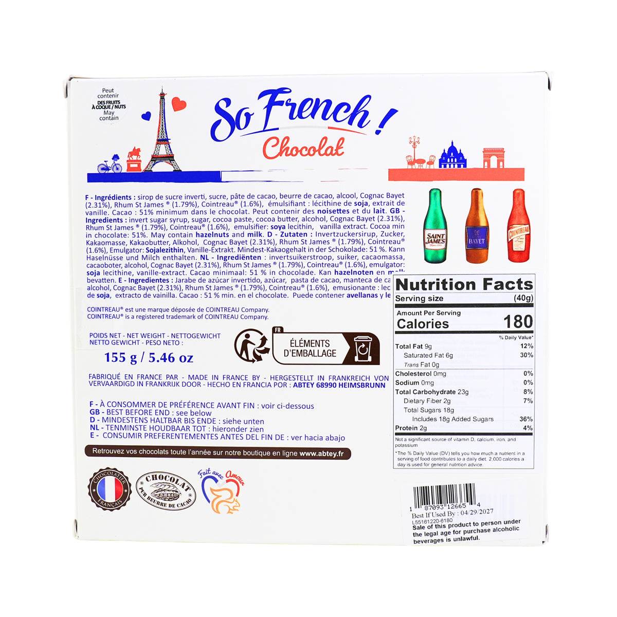 Abtey So French Dark Chocolate Liqueur Filled Bottles (Cognac, Rum, Cointreau) 2.64oz