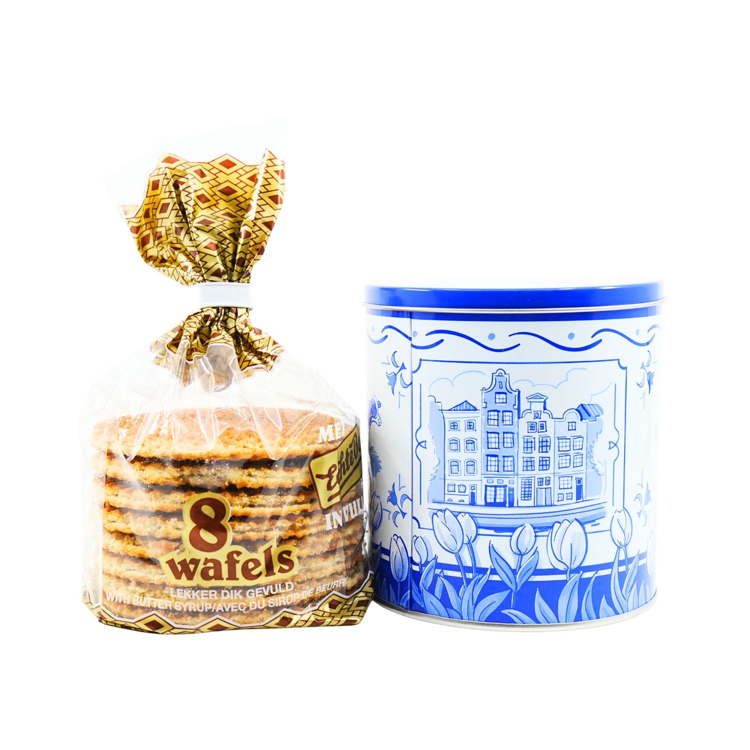 Markus Delft Style Mills & Tulips  "I Love Stroopwafel" tin with 8 stroopwafels