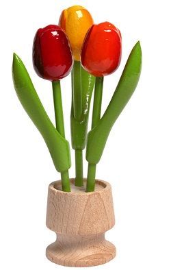 Wooden Tulips 3 in Flower Pot 6.25" Red/Yellow/Orange