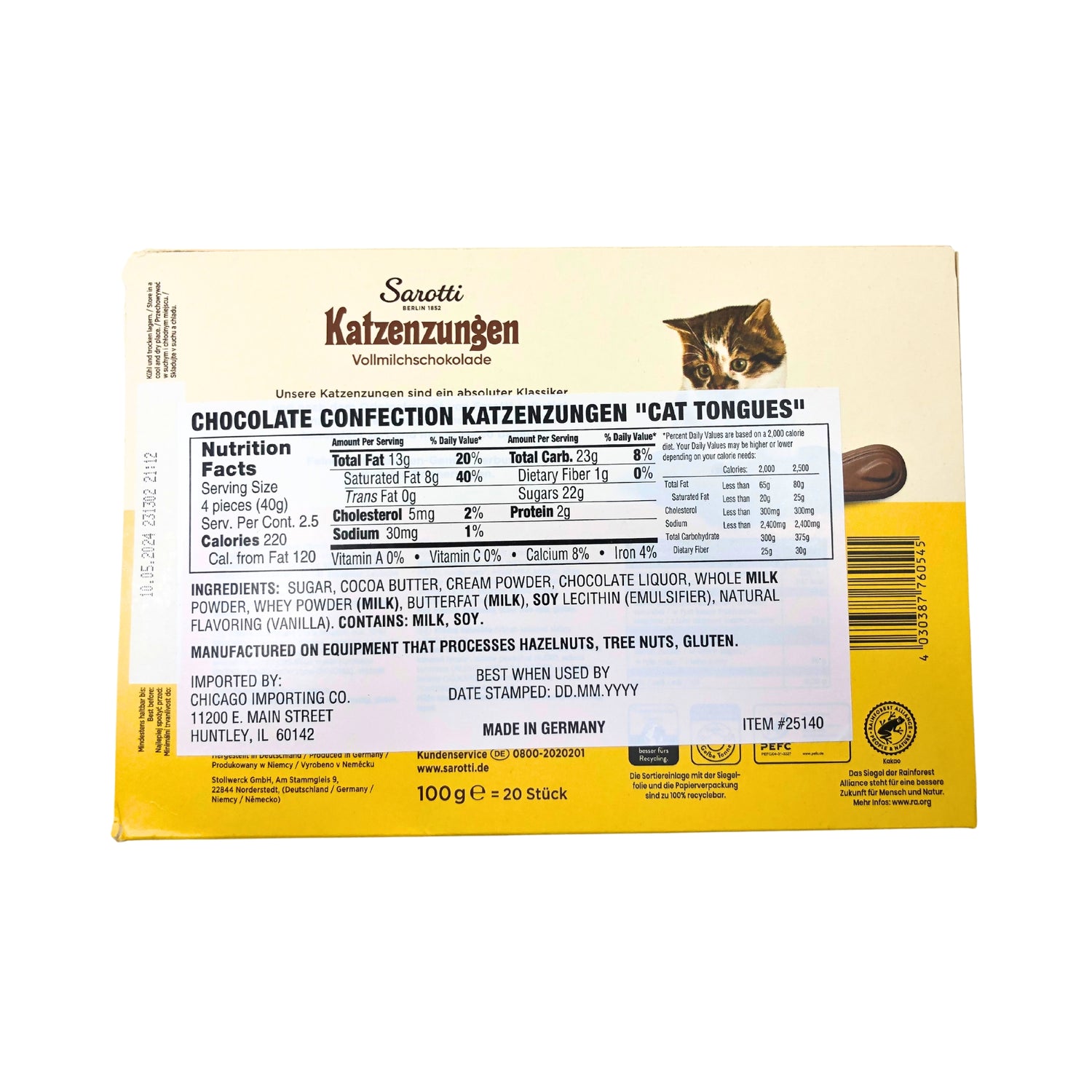 Sarotti Chocolate Cat Tongues 3.5 oz  box