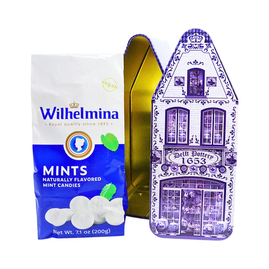 Delft Store House tin with 7oz Wilhelmina Peppermints