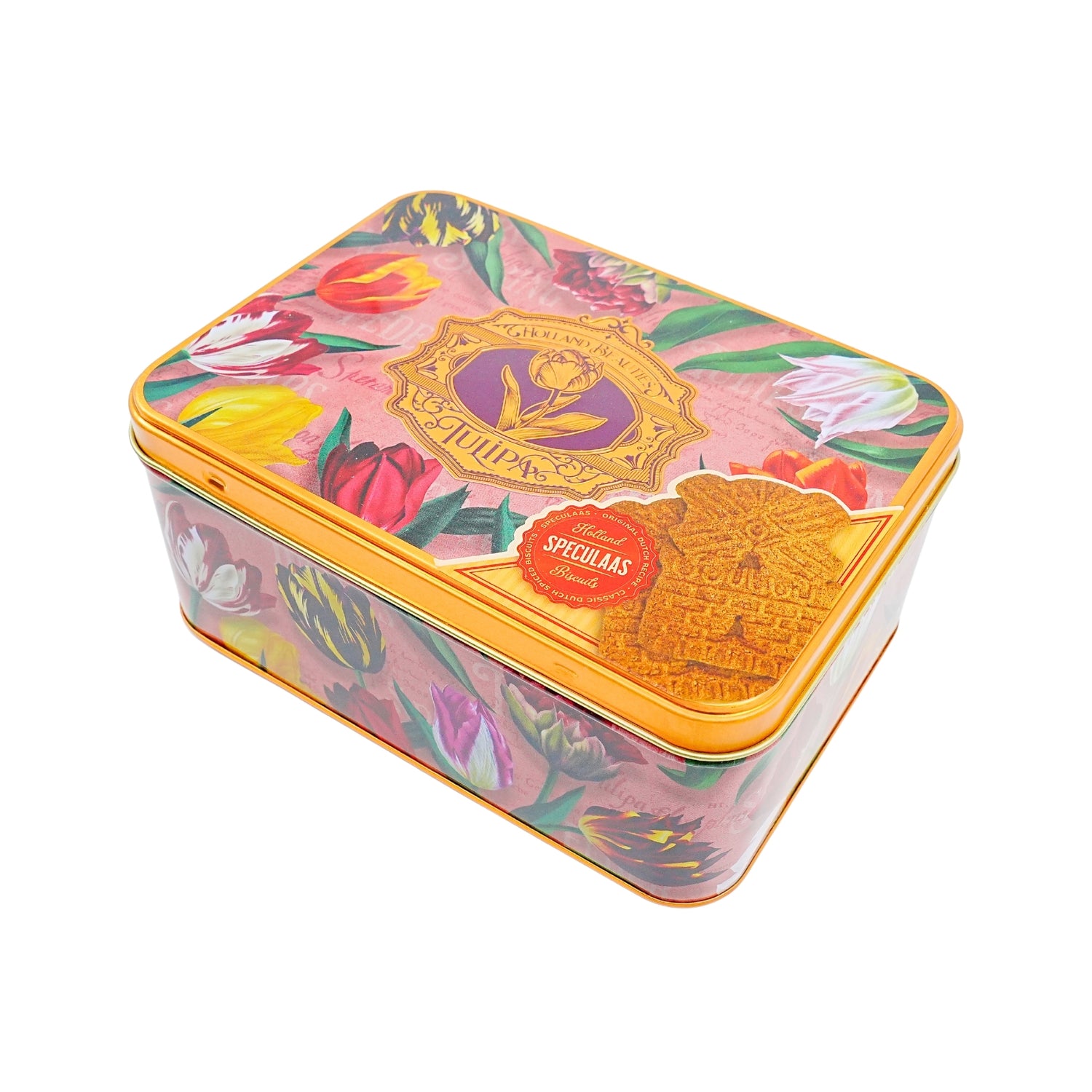 Pretty Tulips Pink Tin with DeRuijter Speculaas Cookies