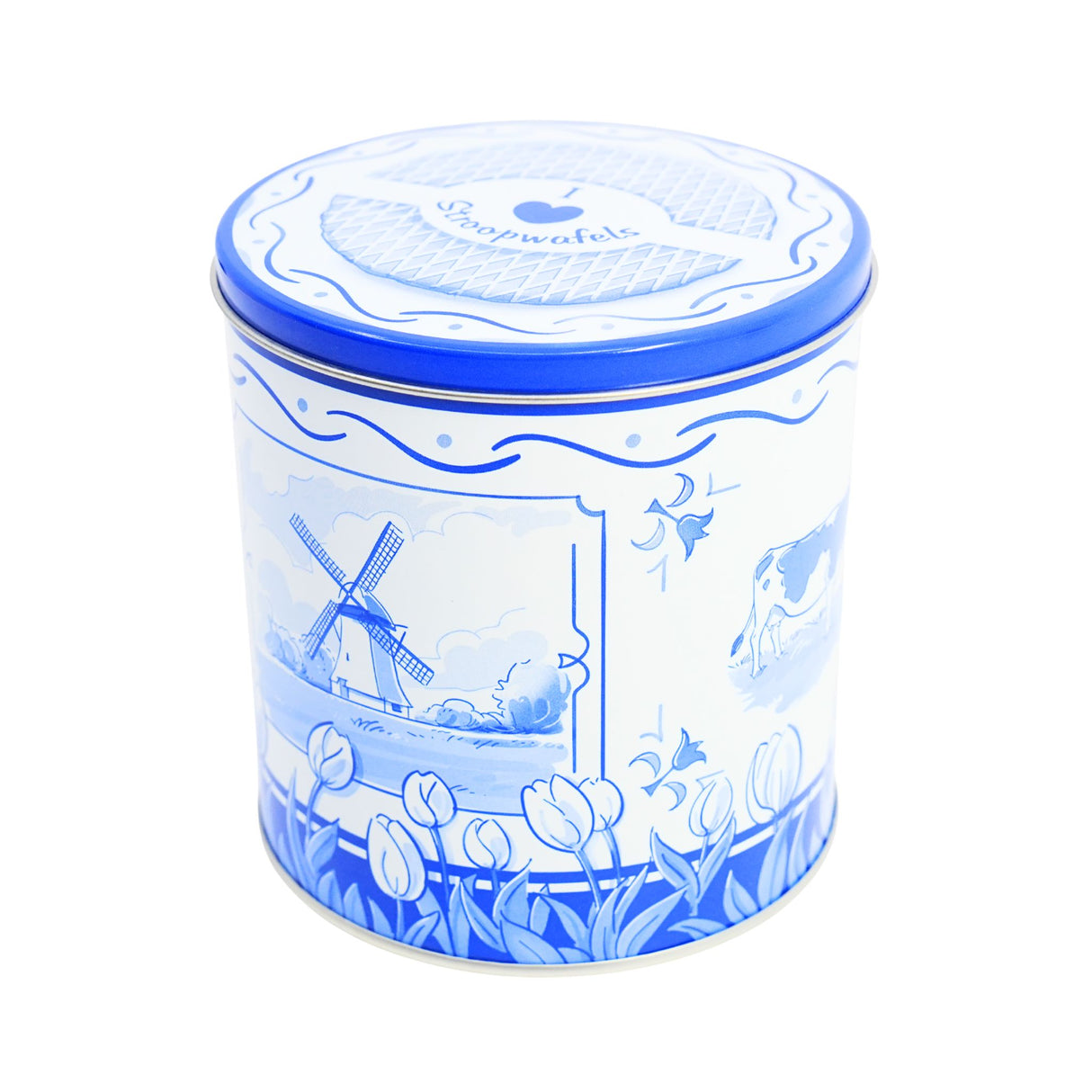 Markus Delft Style Mills & Tulips  "I Love Stroopwafel" tin with 8 stroopwafels