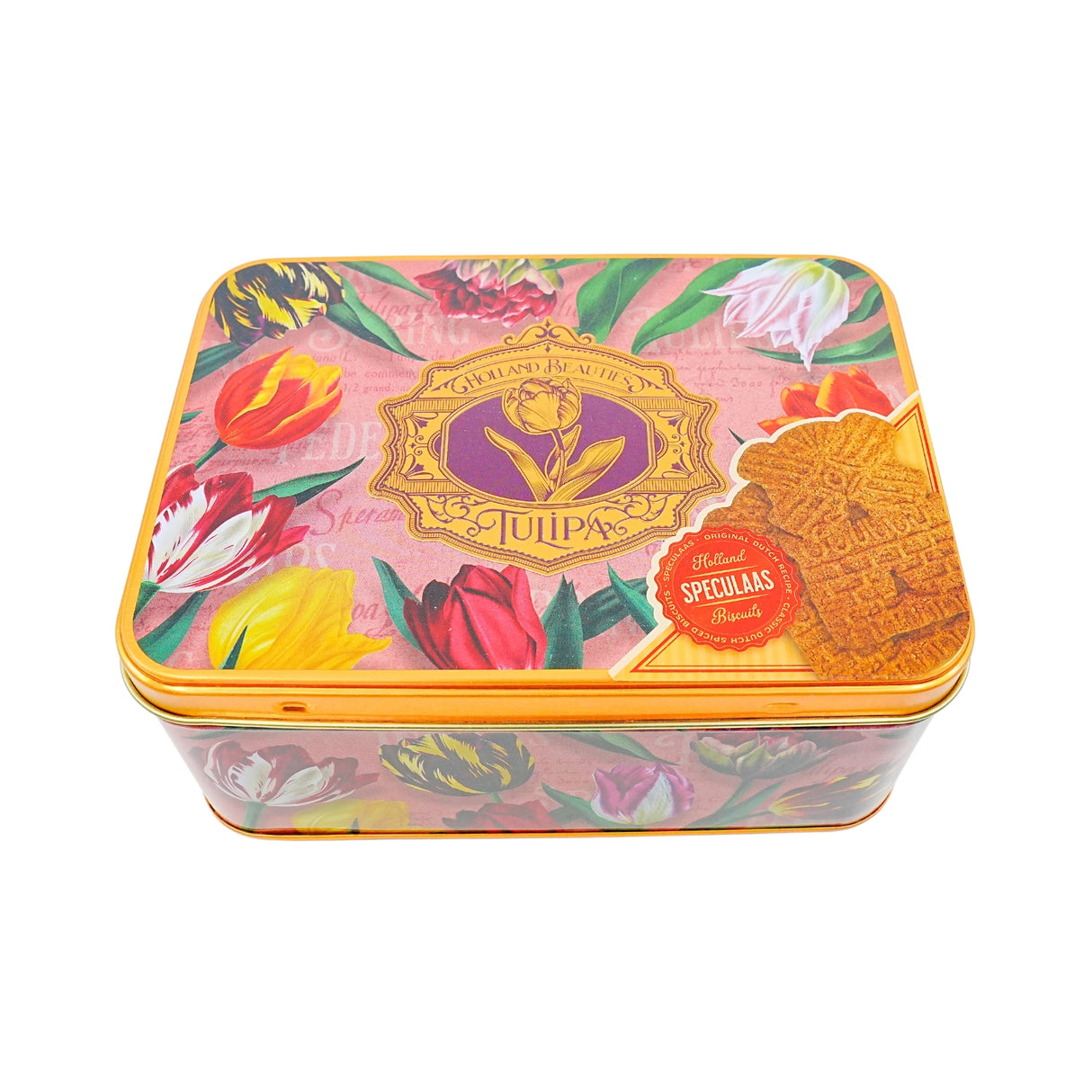 Pretty Tulips Pink Tin with DeRuijter Speculaas Cookies