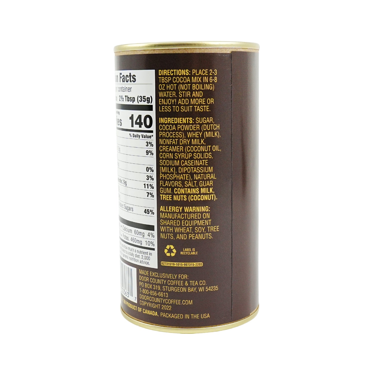 Door County Coffee European Dark Chocolate Hot Chocolate Canister 7 oz