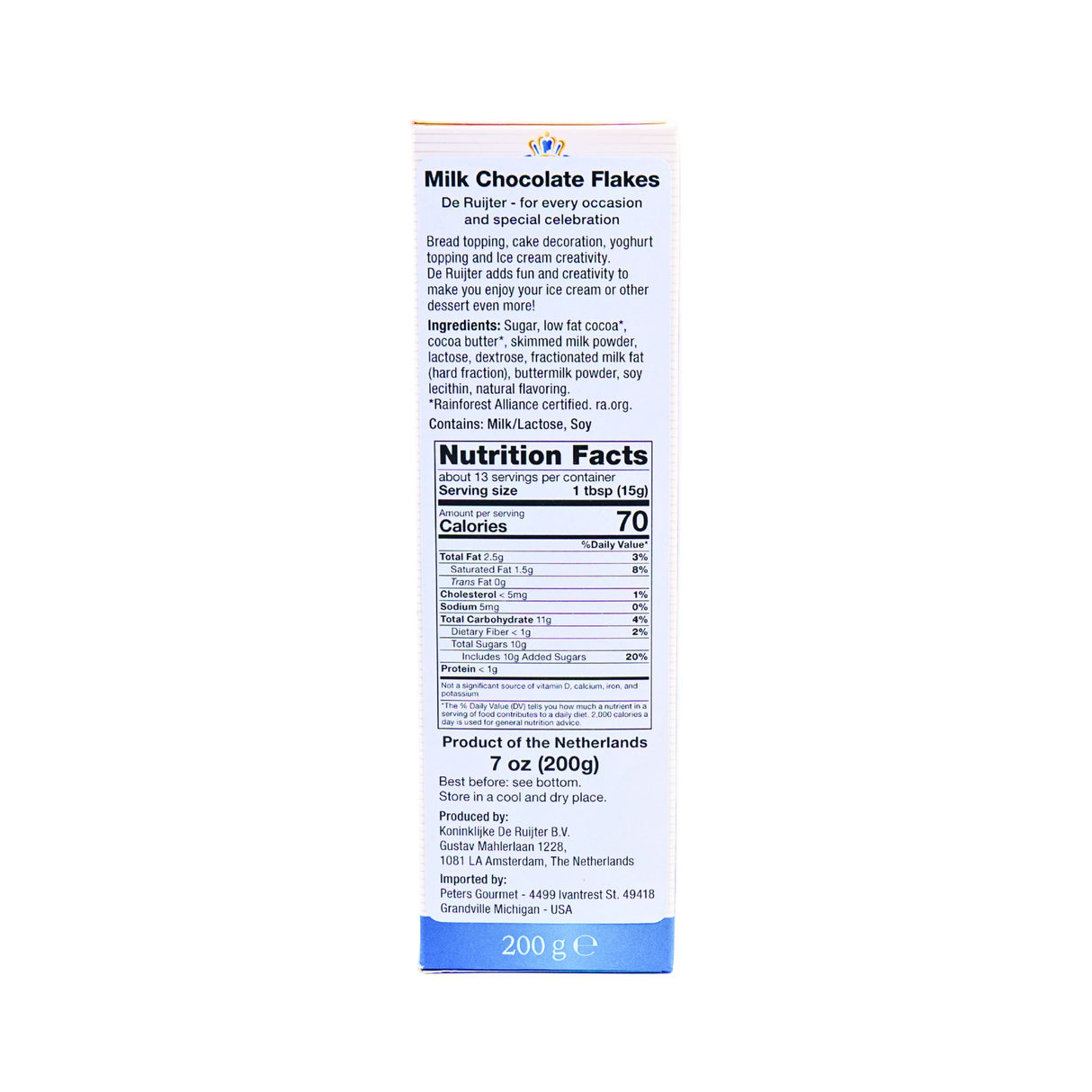 De Ruijter Milk Chocolate Flakes 7oz box