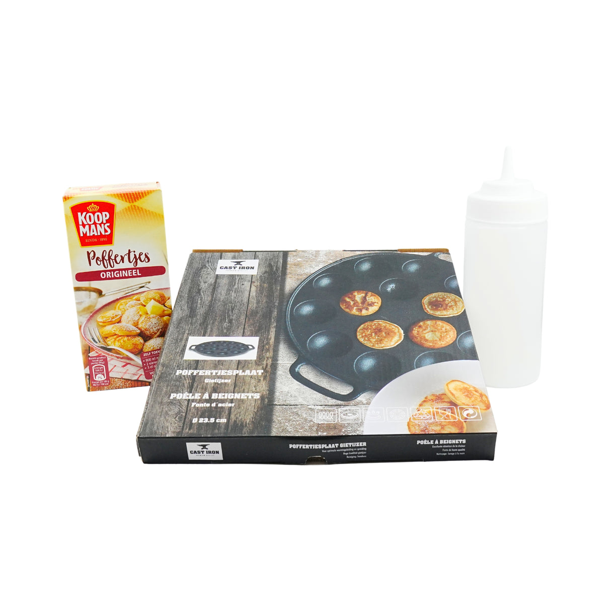 Koopmans Poffertjes Making Kit with Cast Iron Poffertjes Pan , Batter Bottle and Mix