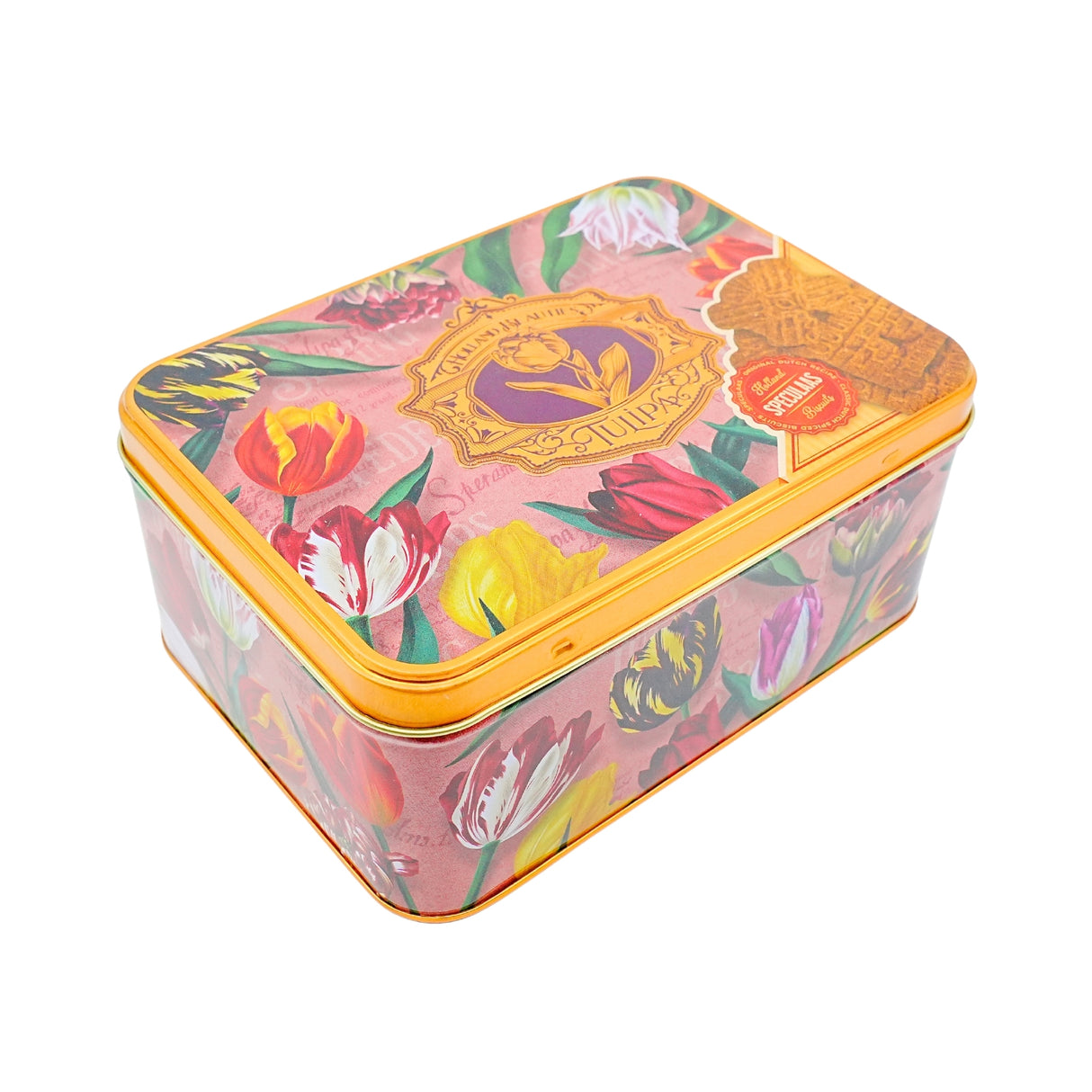Pretty Tulips Pink Tin with DeRuijter Speculaas Cookies