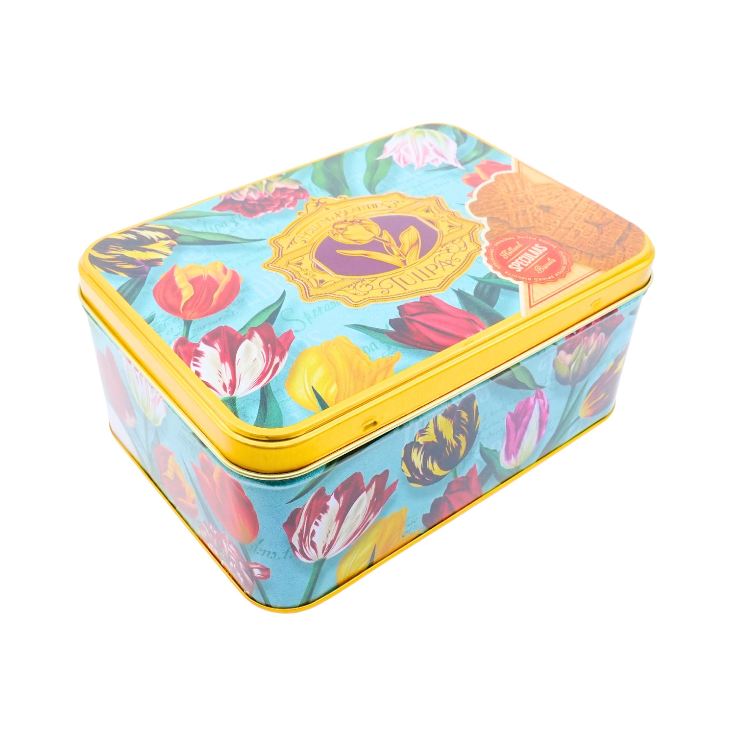 Pretty Tulips Green Tin with DeRuijter Speculaas Cookies