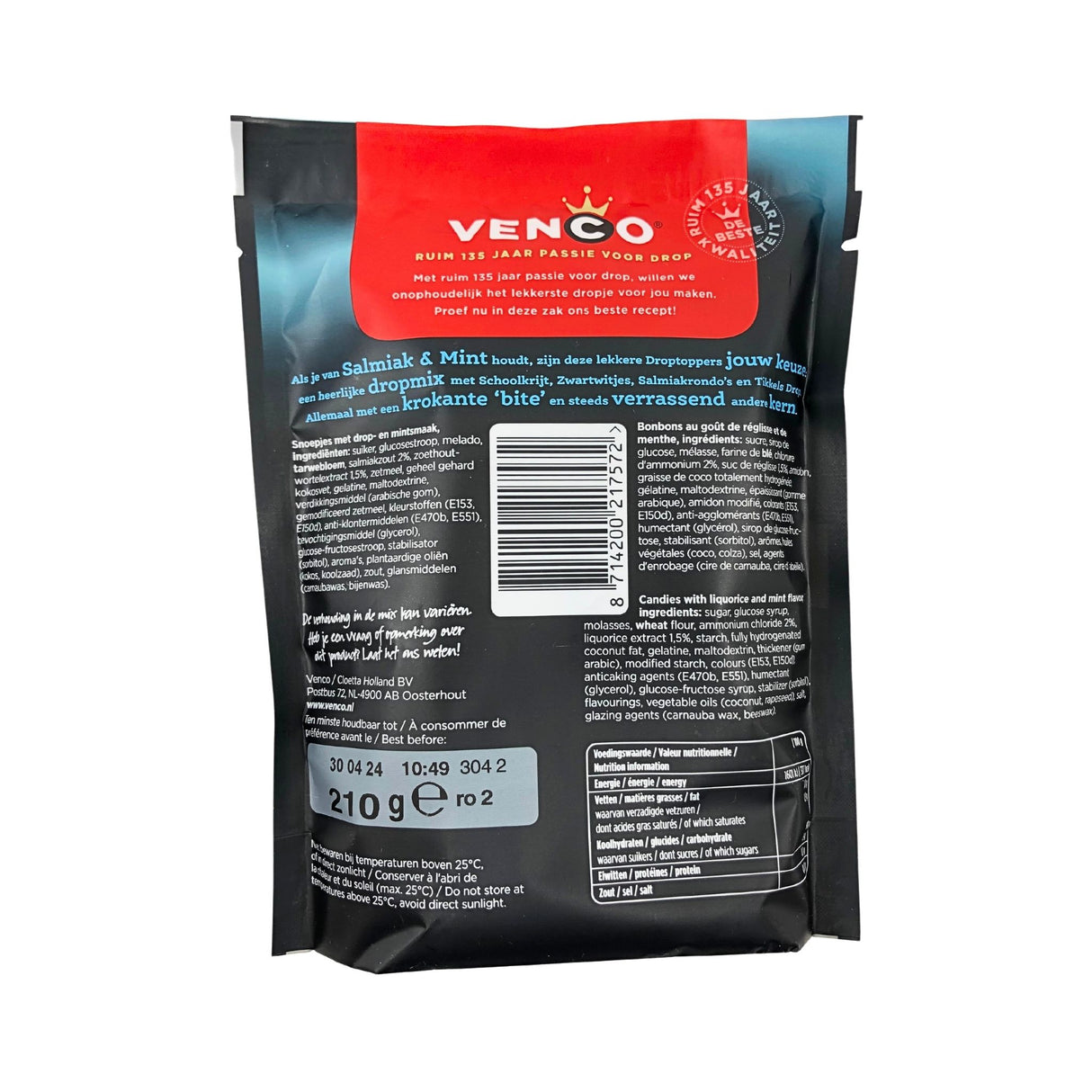Venco Licorice Salmiak & Mint Topper 7.58 oz bag