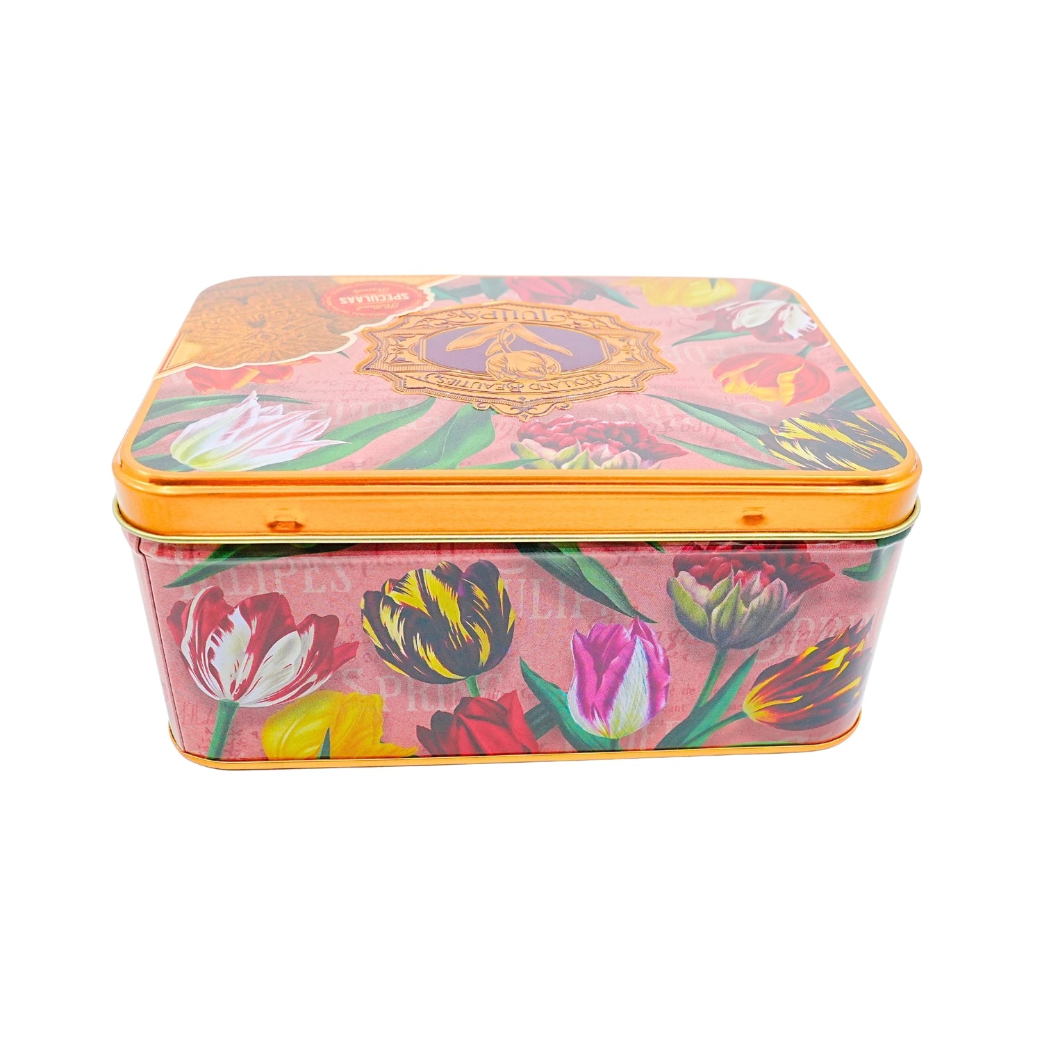 Pretty Tulips Pink Tin with DeRuijter Speculaas Cookies