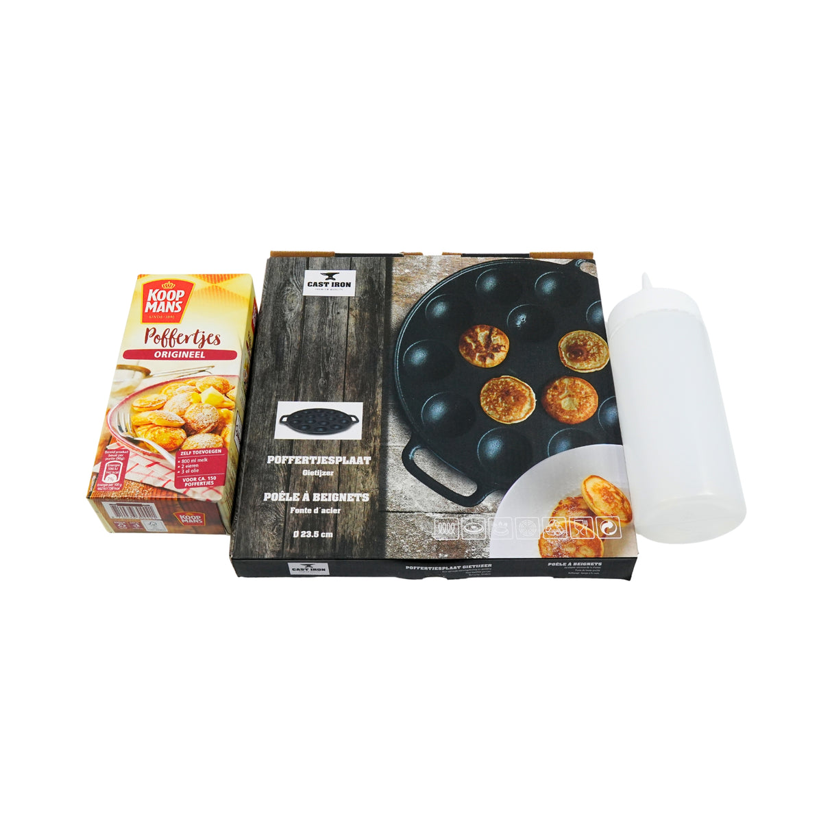 Koopmans Poffertjes Making Kit with Cast Iron Poffertjes Pan , Batter Bottle and Mix