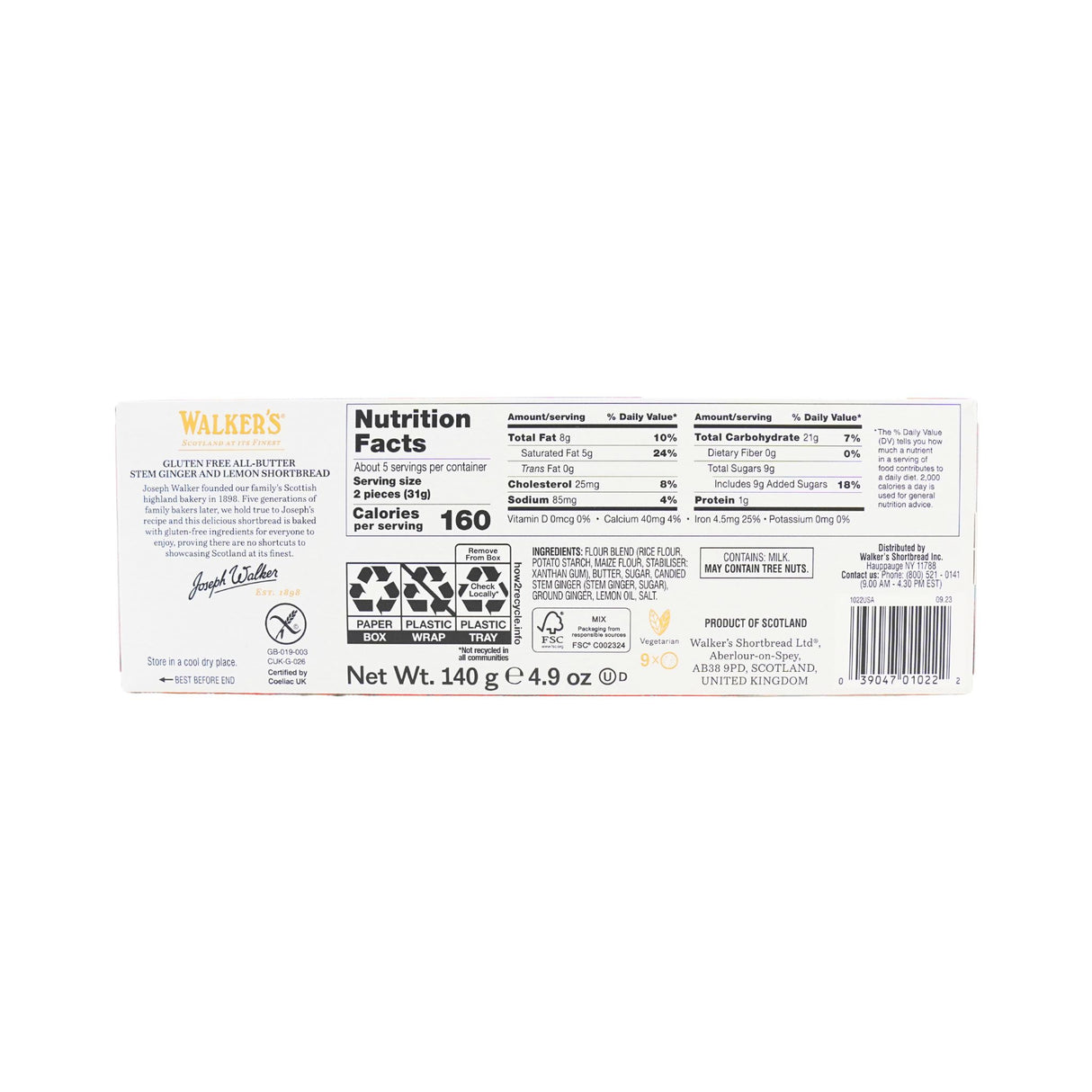 Walkers Gluten Free Ginger Lemon Shortbread Cookies 4.9oz