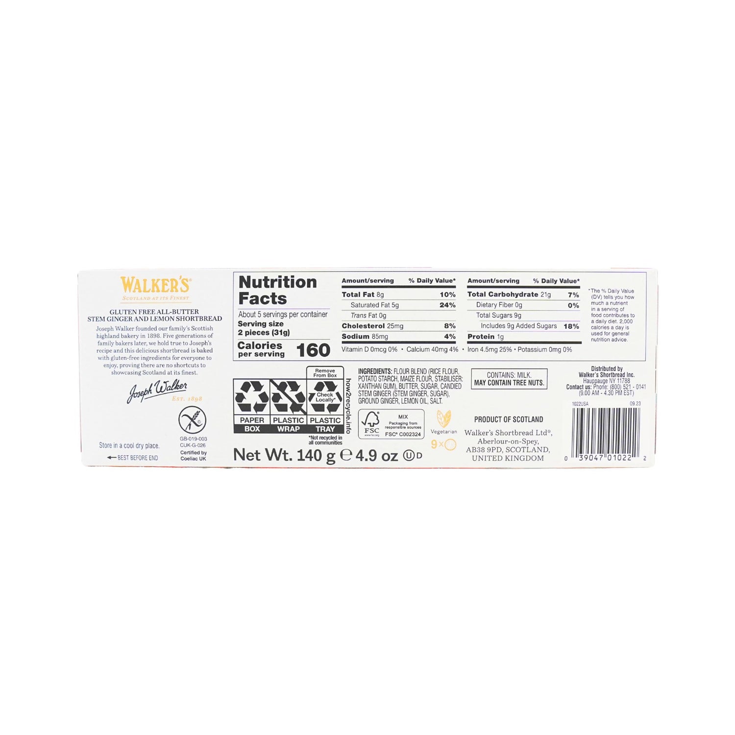 Walkers Gluten Free Ginger Lemon Shortbread Cookies 4.9oz