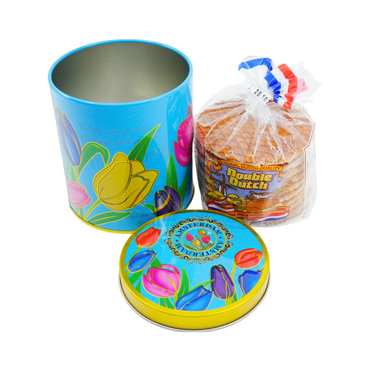 KM Blue Tulip Tin With 8 stroopwafels