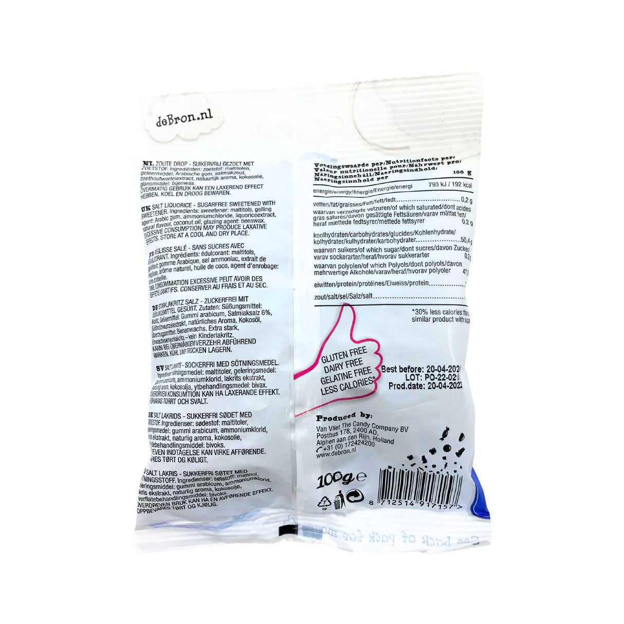 De Bron Sugar Free Licorice Salt Clovers 3.5 Oz Bag