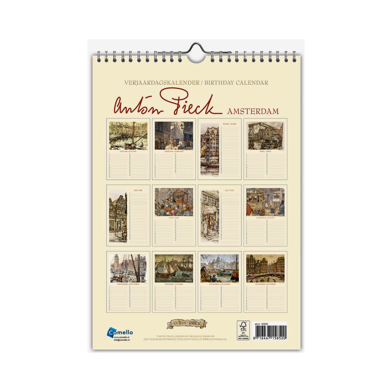Anton Pieck Amsterdam Birthday Calendar 8.2x11.5