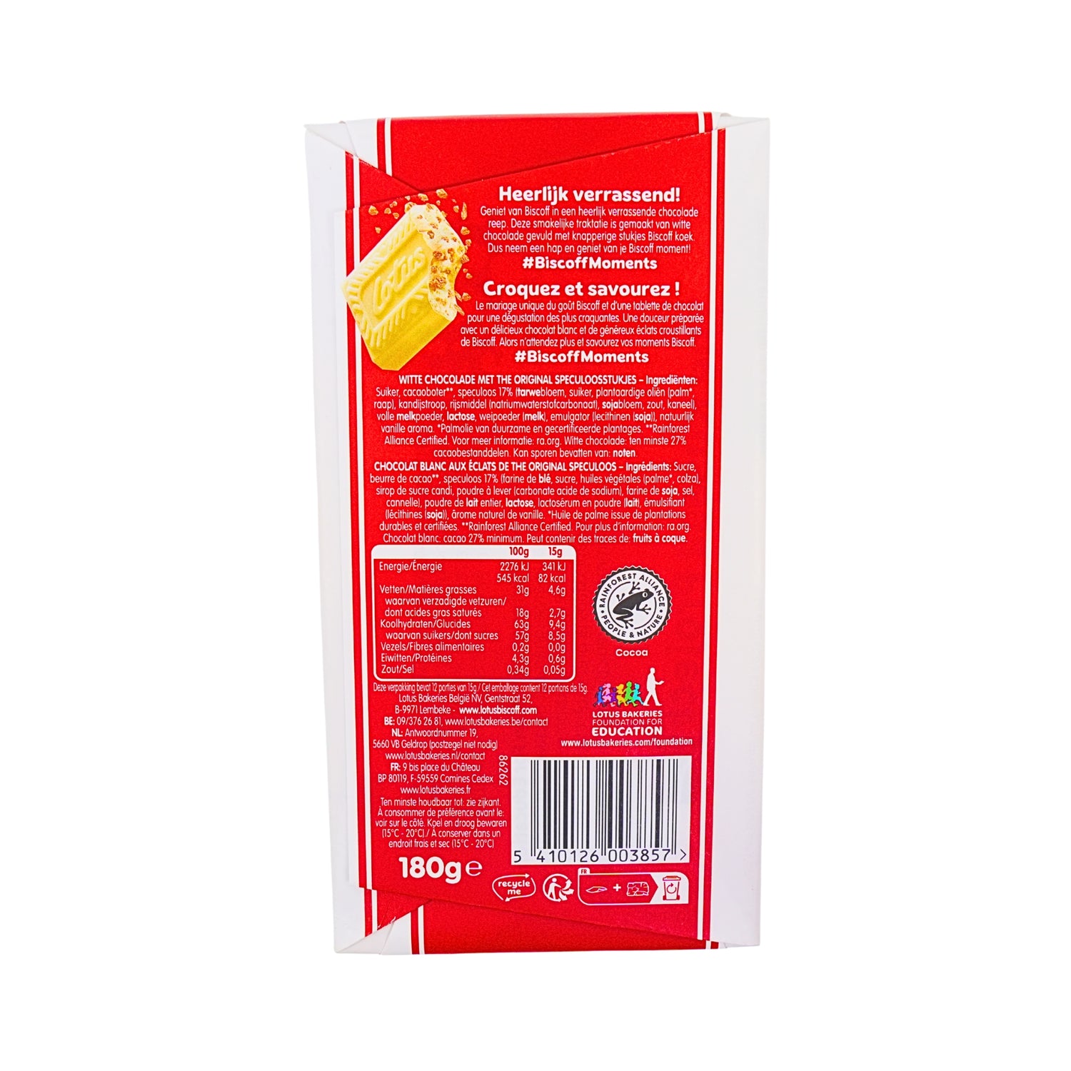 Lotus Biscoff Speculoos White Choc Bar With Speculoos Pieces  6.3 oz 180 gr