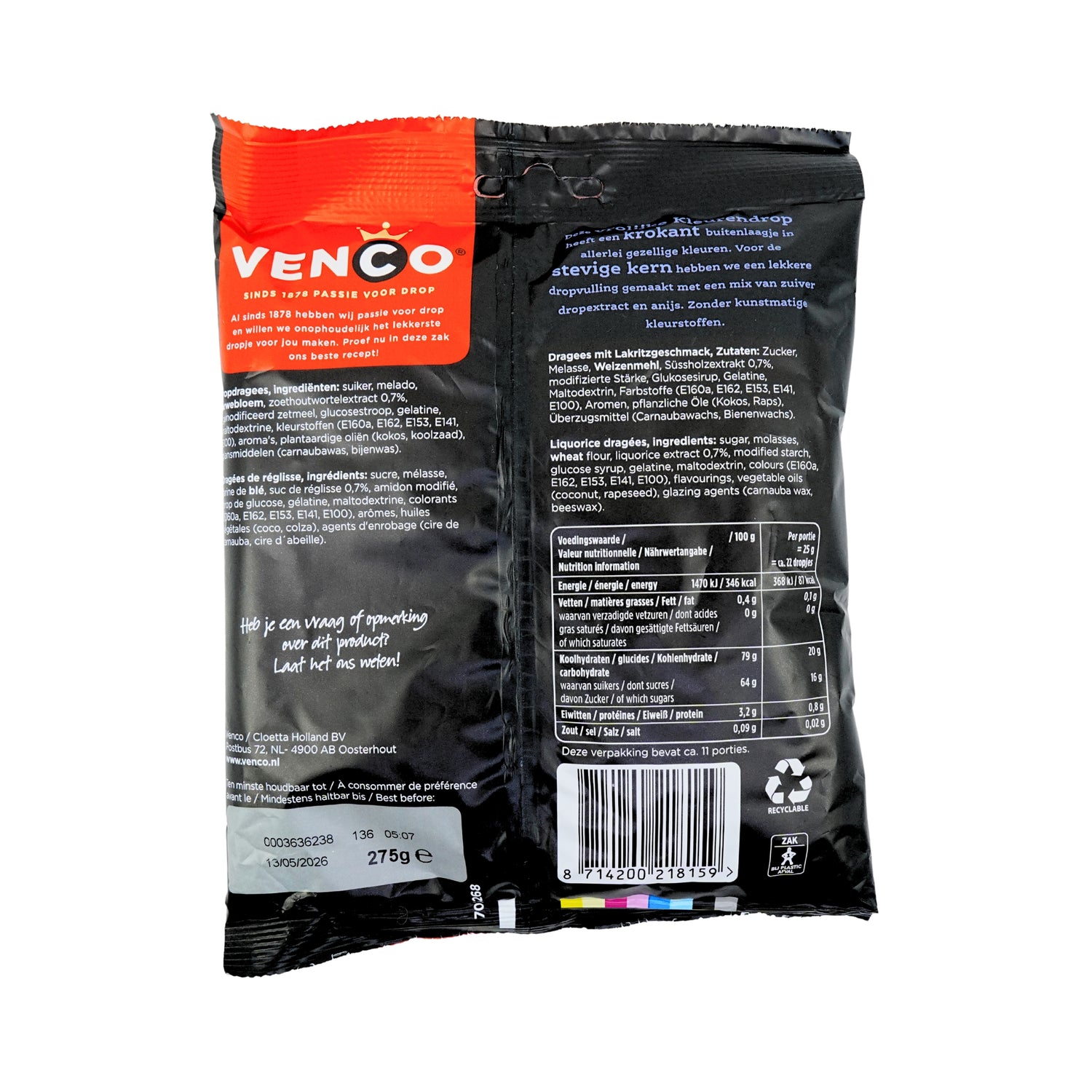 Venco Licorice Color Sticks Kleurendrop 9.7 oz bag