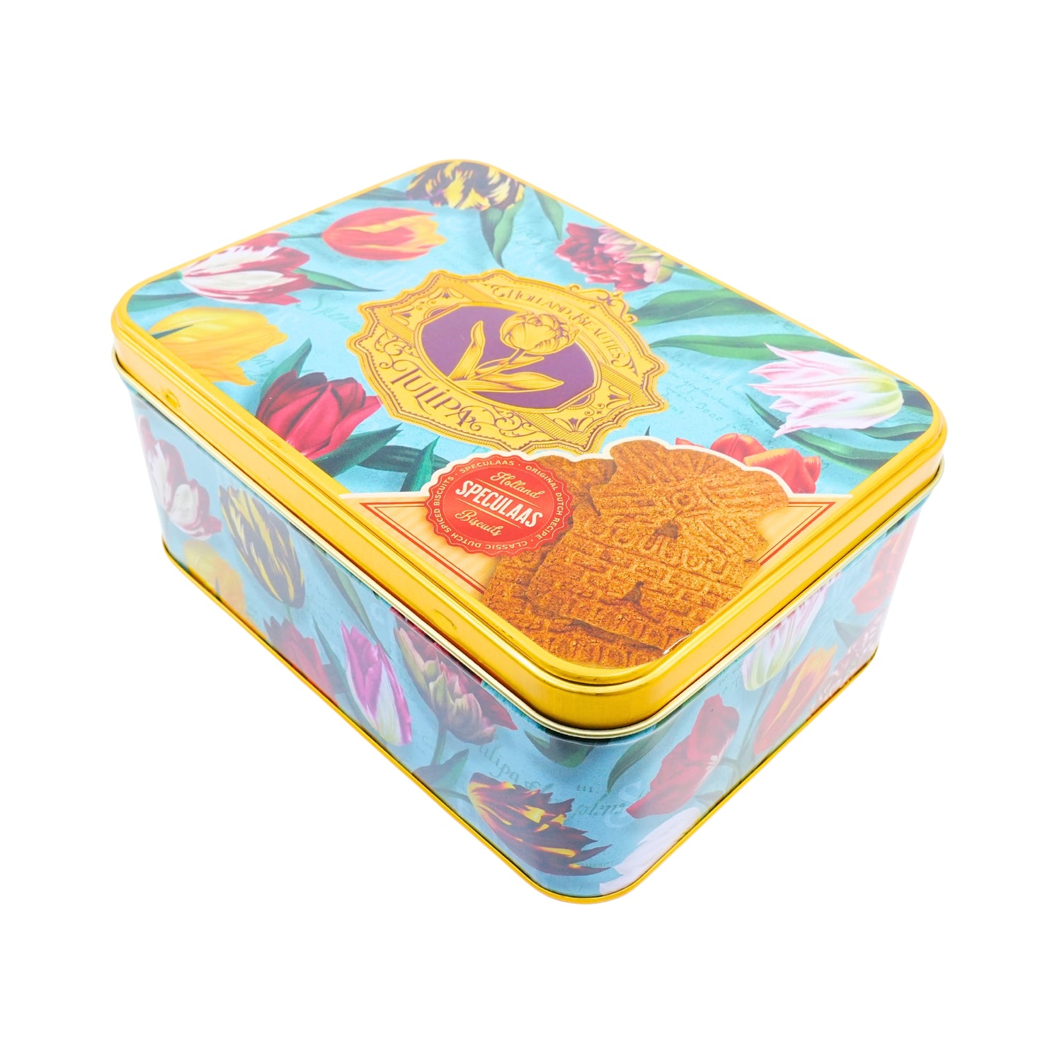 Pretty Tulips Green Tin with DeRuijter Speculaas Cookies