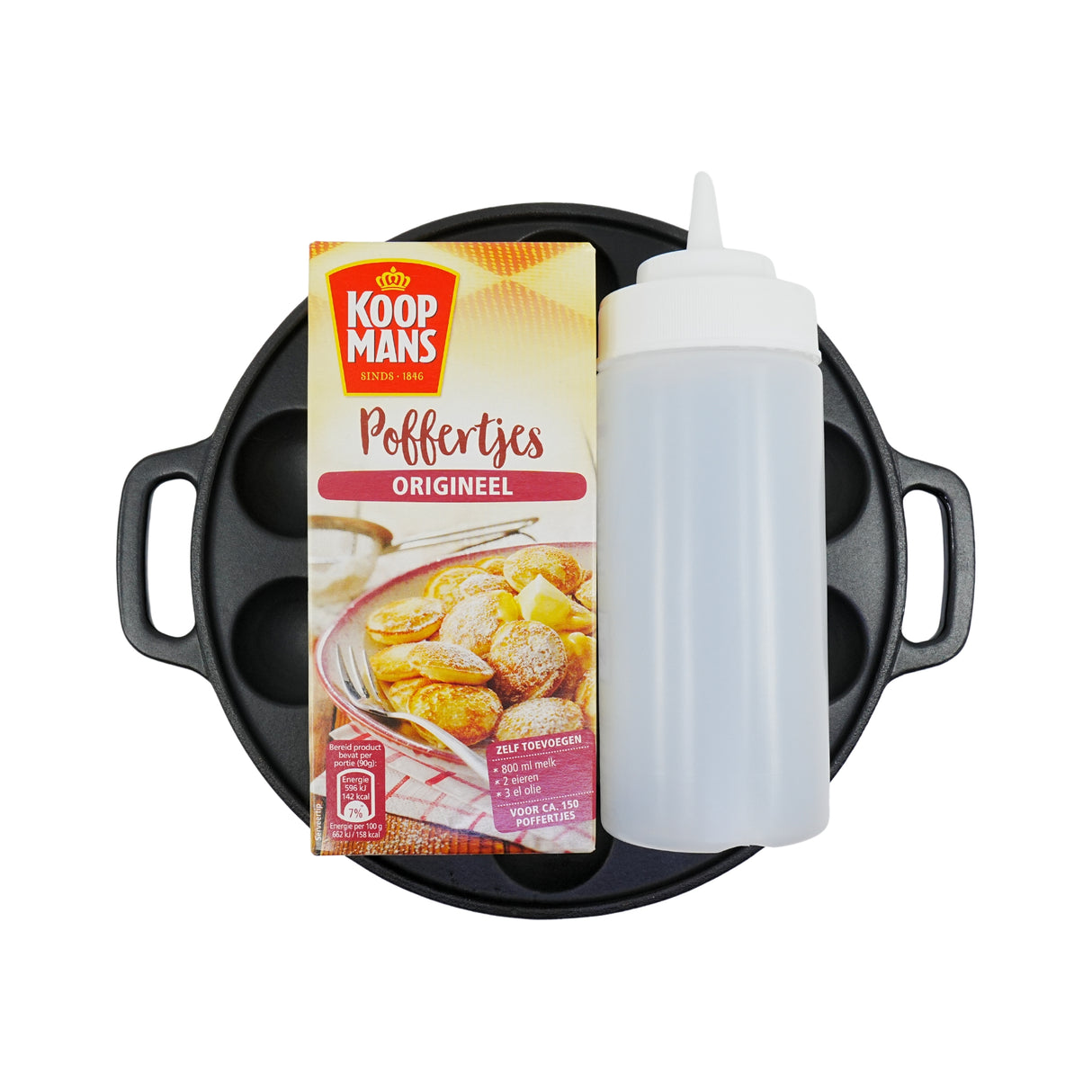Koopmans Poffertjes Making Kit with Cast Iron Poffertjes Pan , Batter Bottle and Mix