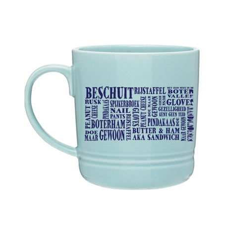 Dutch & English Word Art Mug Aqua with Blue Printing 14oz