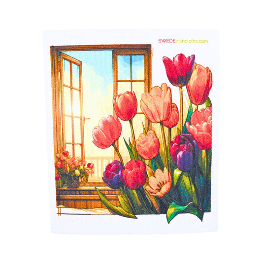 Tulips at Window Swedish Dishcloth