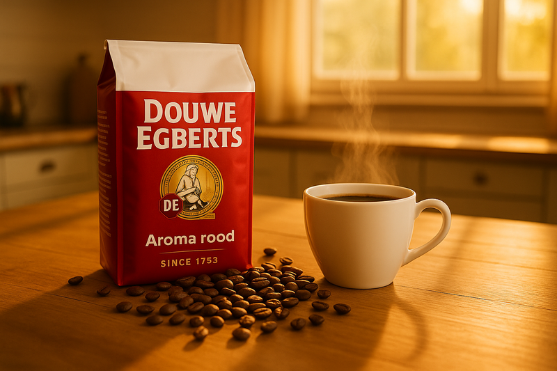 Douwe Egberts coffee morning scene with "Aroma rood" text and modern white top packaging design
