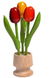 Wooden Tulips 3 in Flower Pot 6.25" Red/Yellow/Orange