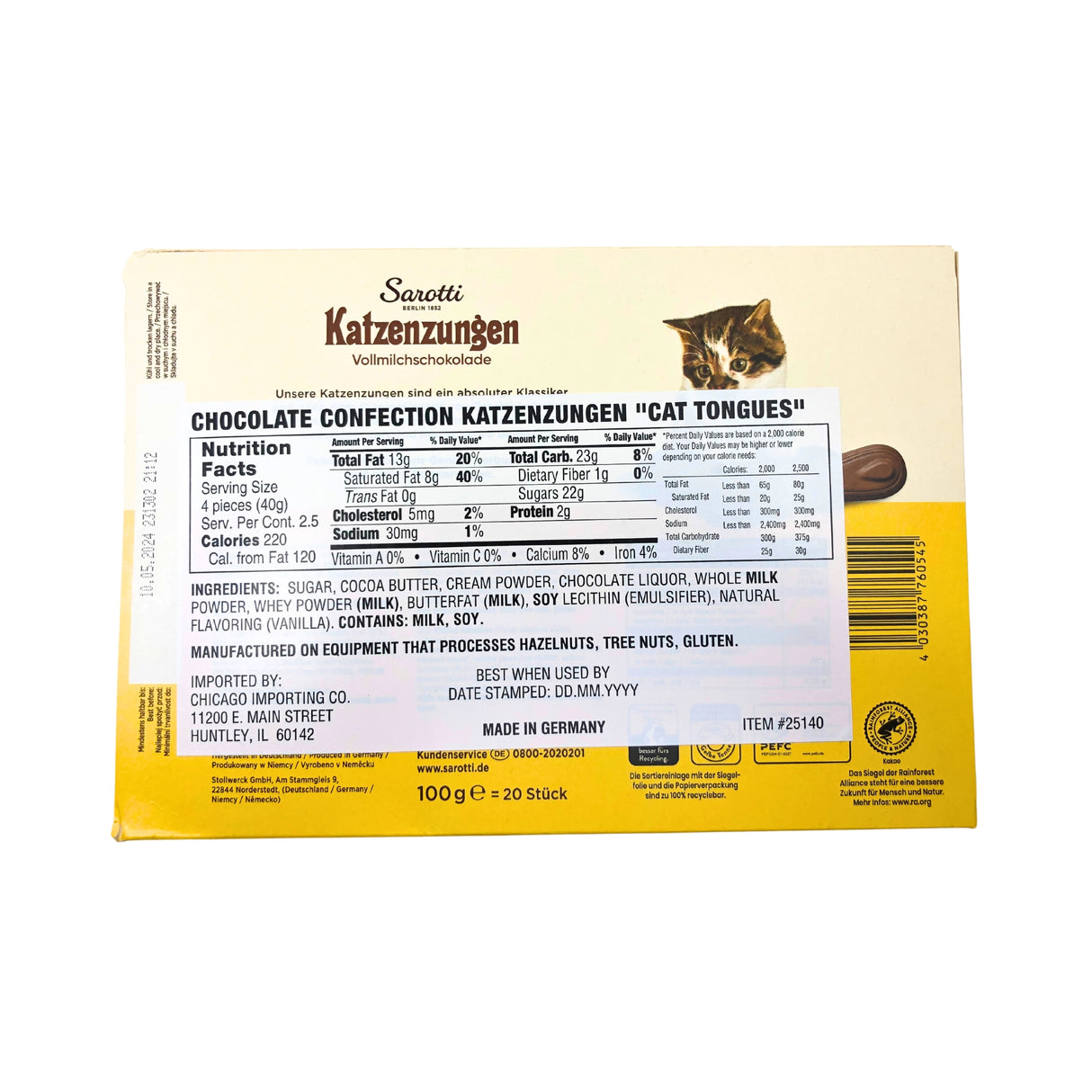 Sarotti Chocolate Cat Tongues 3.5 oz  box