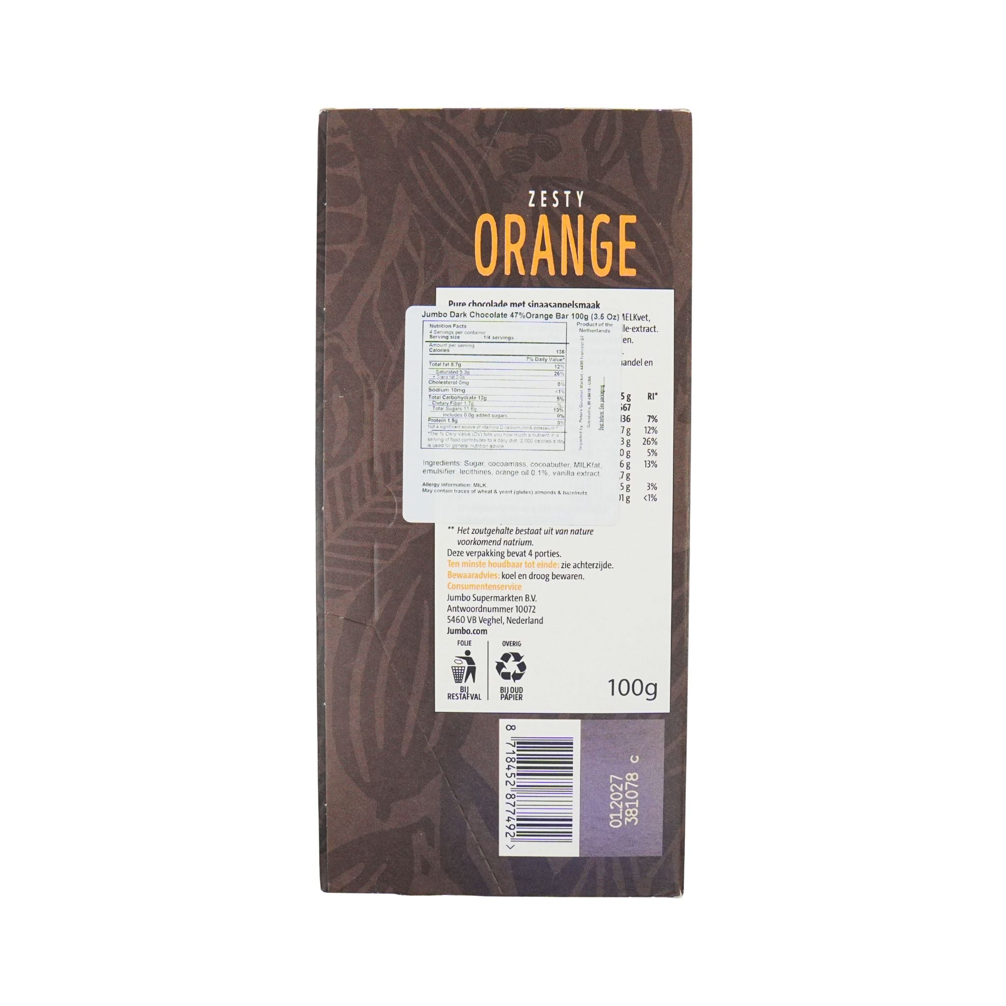Jumbo Zesty Orange Dark Chocolate Bar 3.5oz 100 gr – Peters