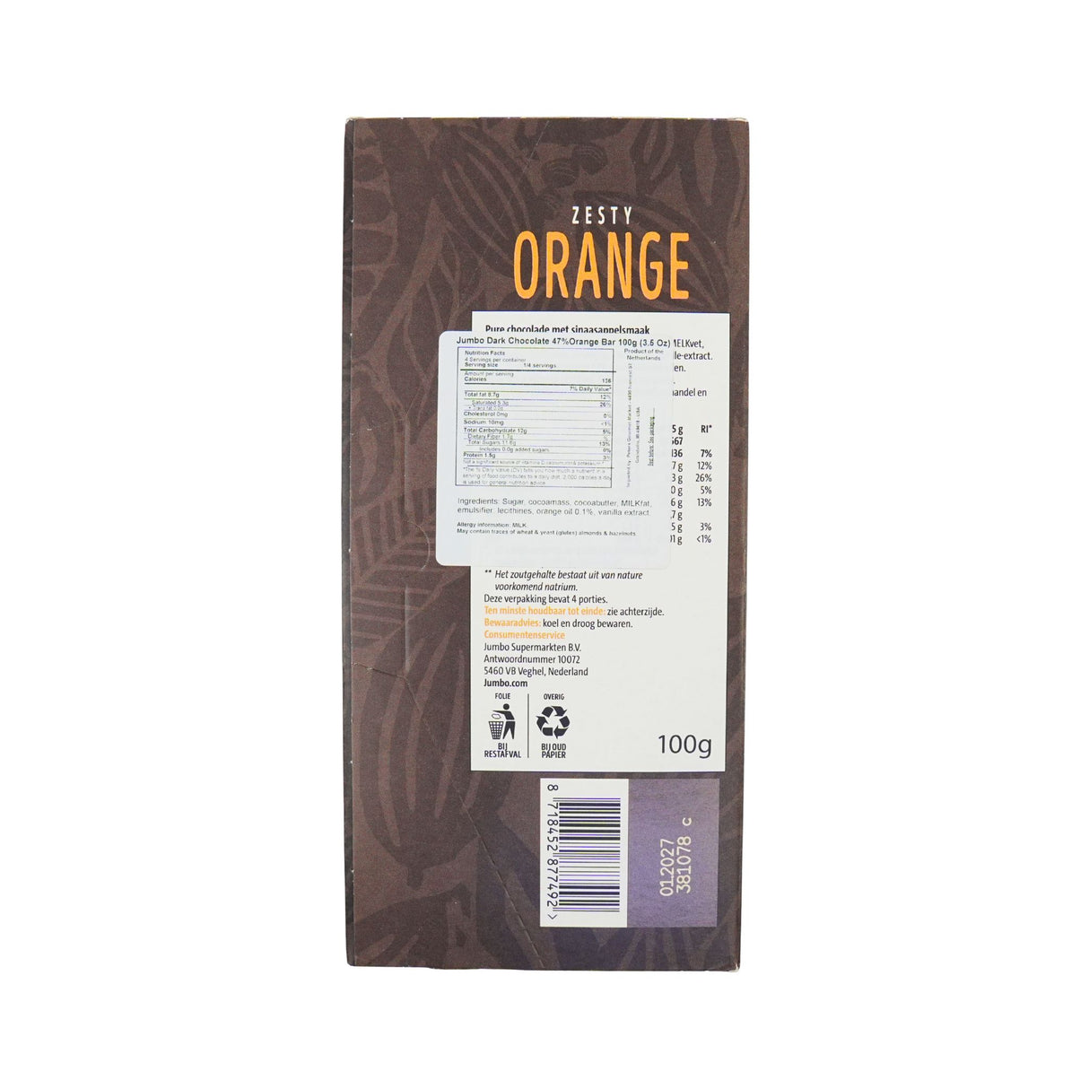 Jumbo Zesty Orange Dark Chocolate Bar 3.5oz 100 gr