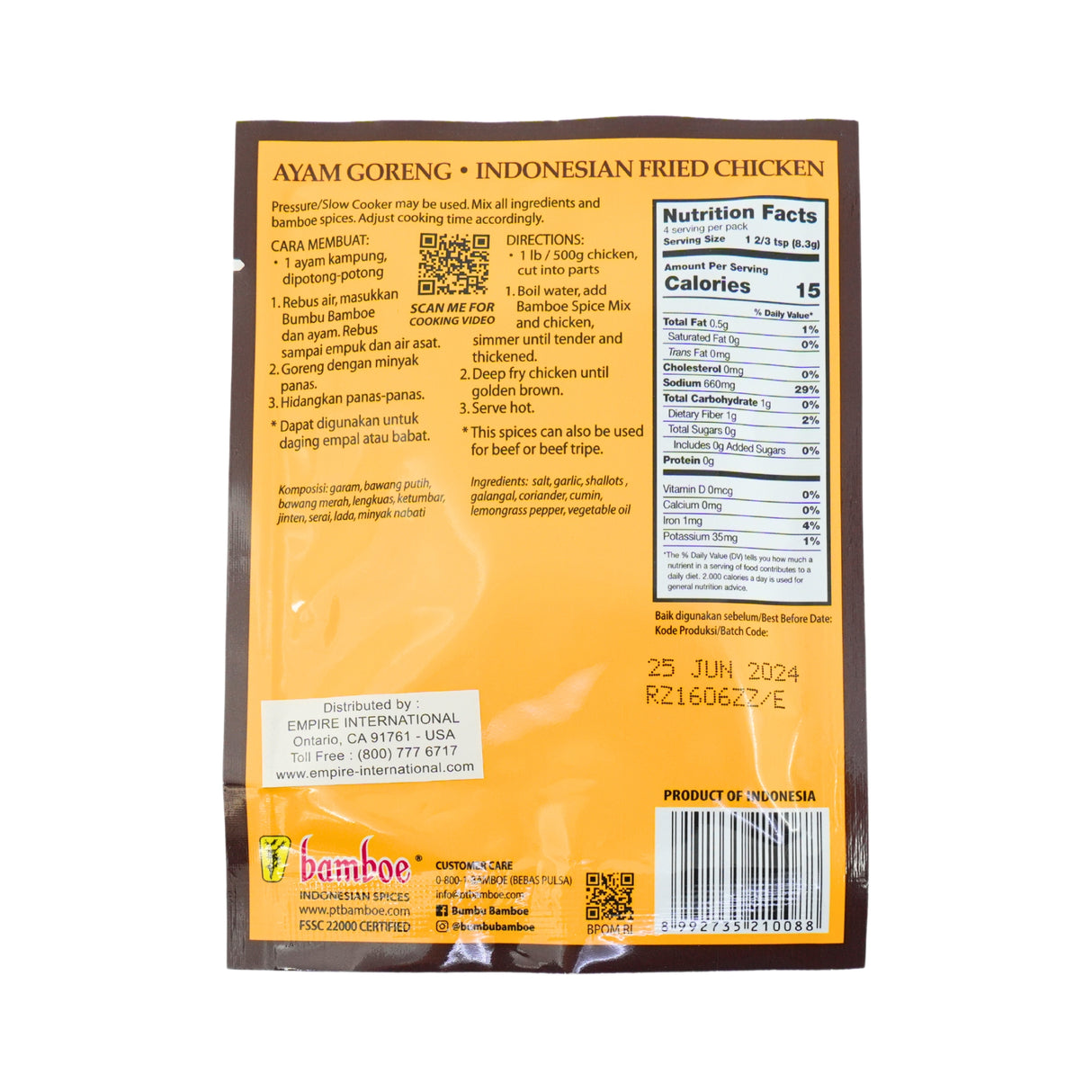 Bamboe Ayam Goreng Spices For Fried Chicken 1.2oz
