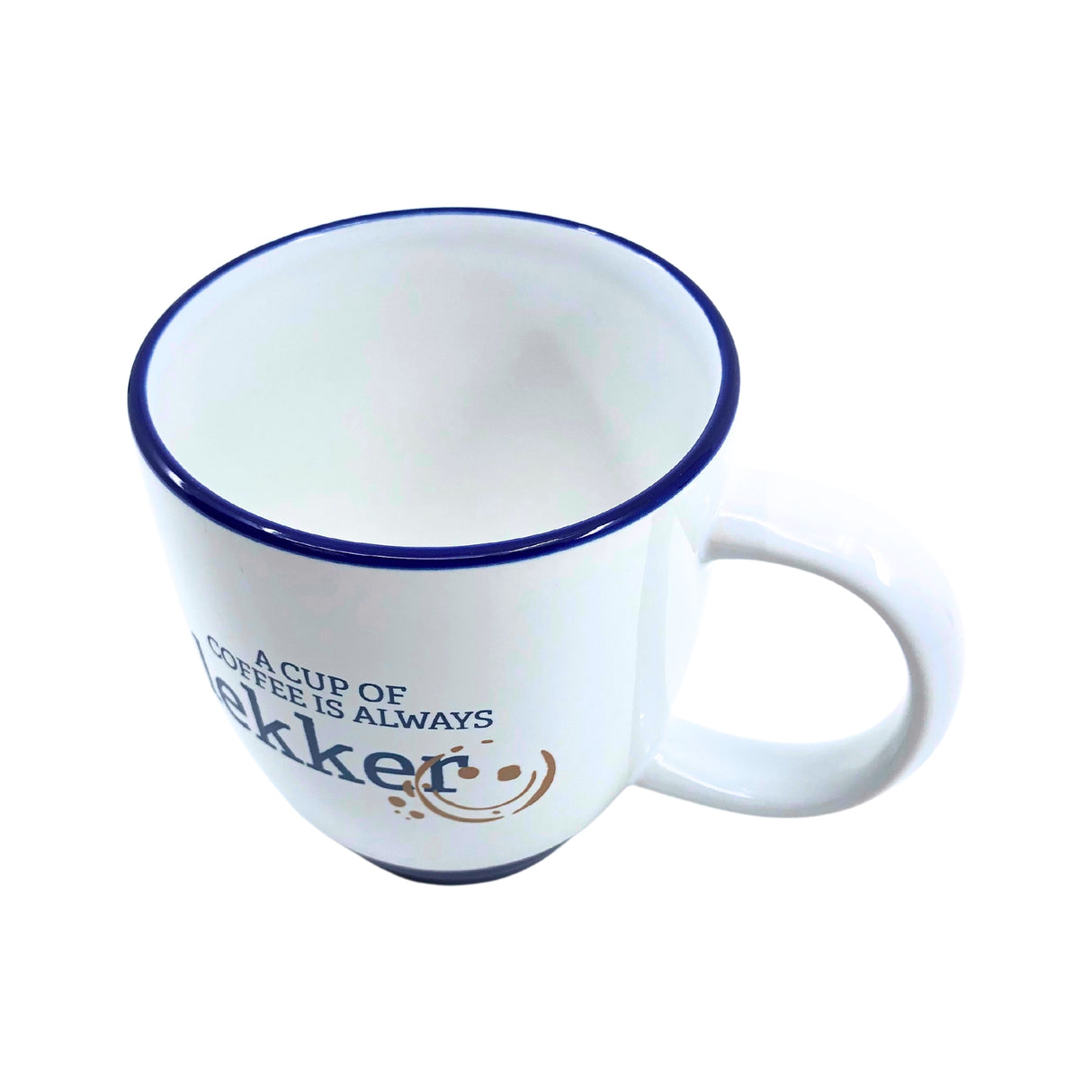 A Cup of Coffee is Always Lekker  Mug White/Blue 14 oz
