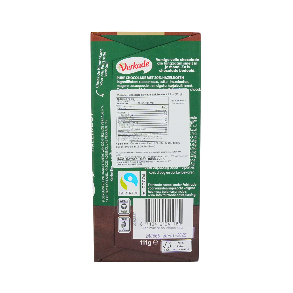 Verkade  Extra Dark Chocolate w/hazelnuts bar 3.9 oz