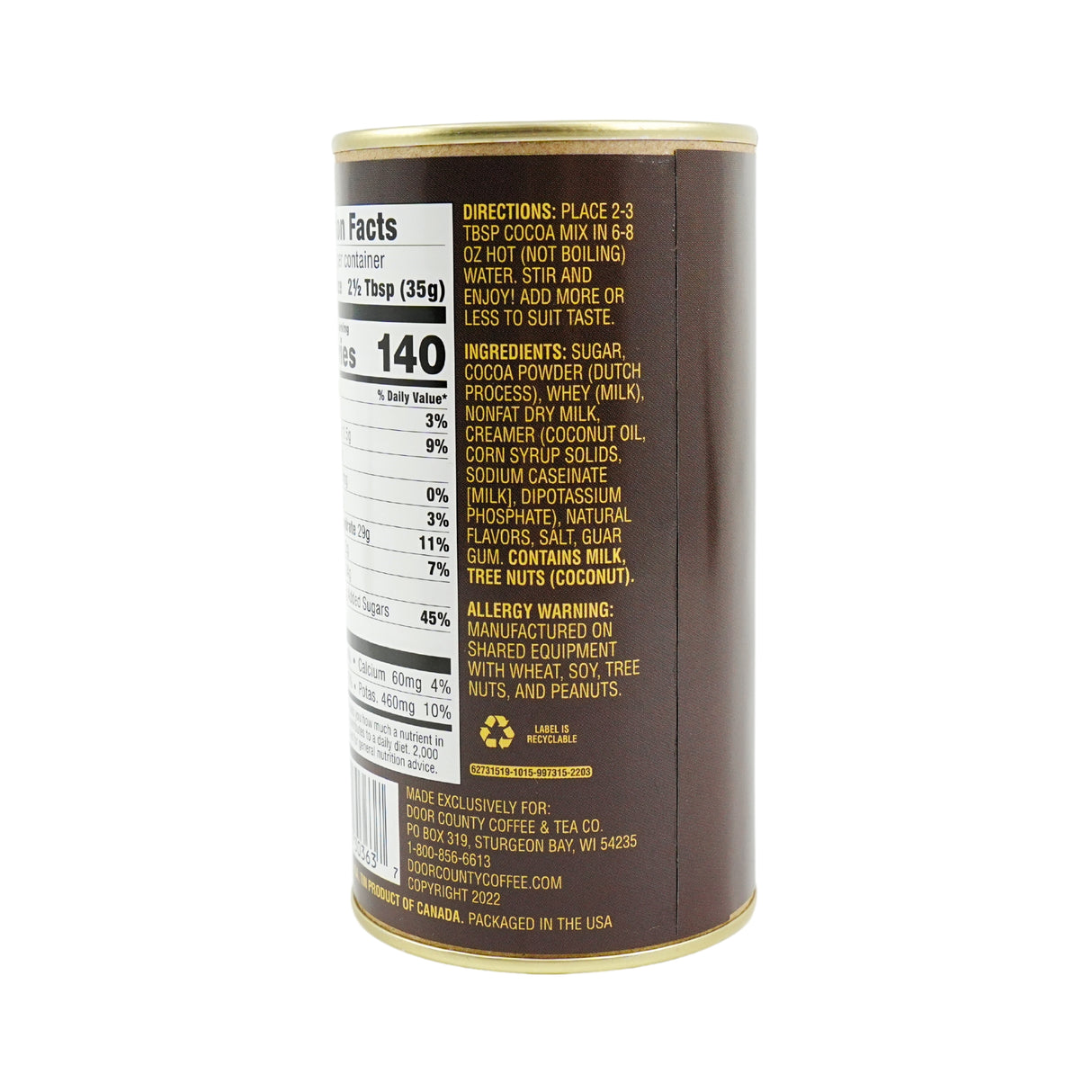 Door County Coffee European Dark Chocolate Hot Chocolate Canister 7 oz