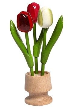 Wooden Tulips 3 in Flower Pot 6.25" Red/Pink/White