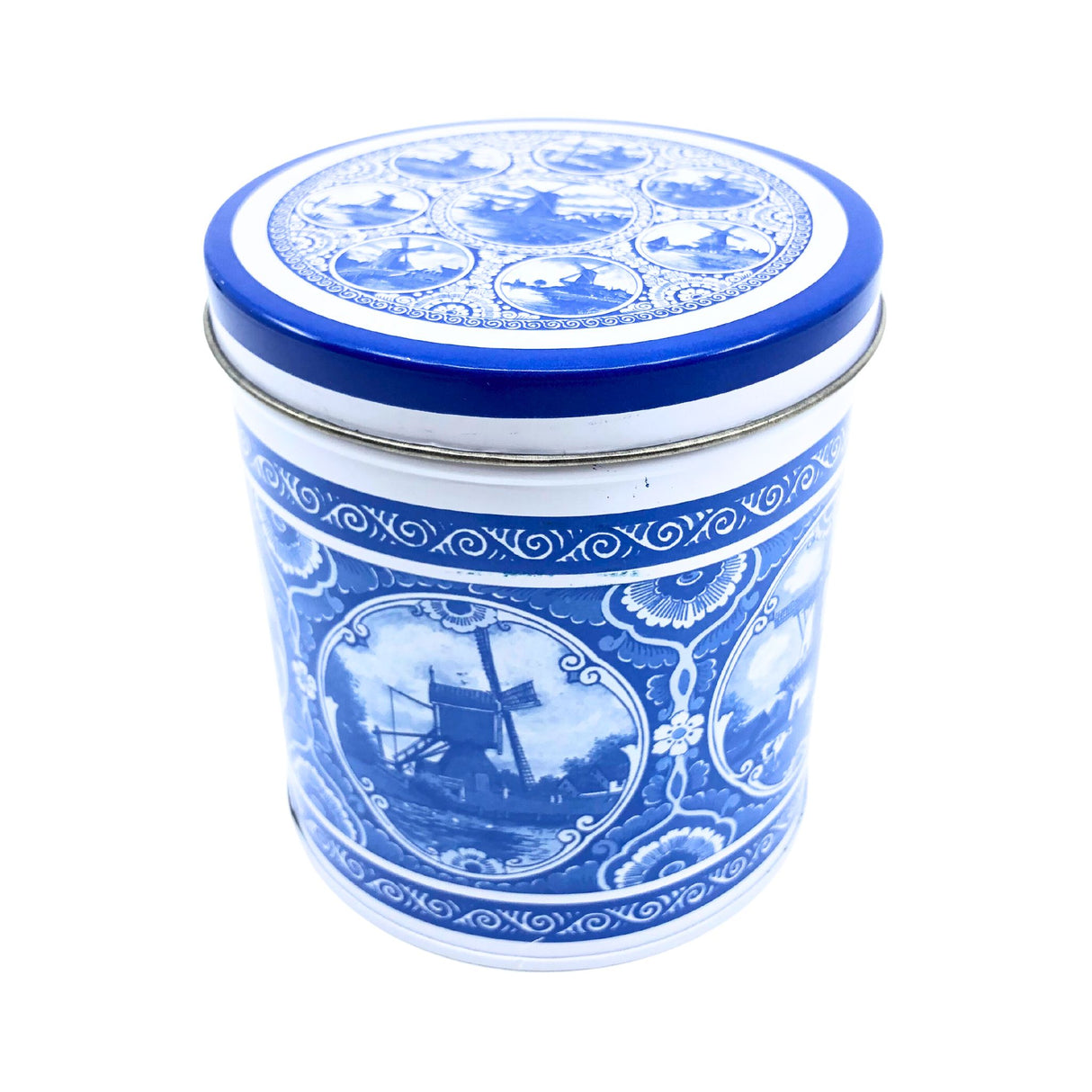 KM Stroopwafel Delf Blue Windmill Tin With 8 stroopwafels