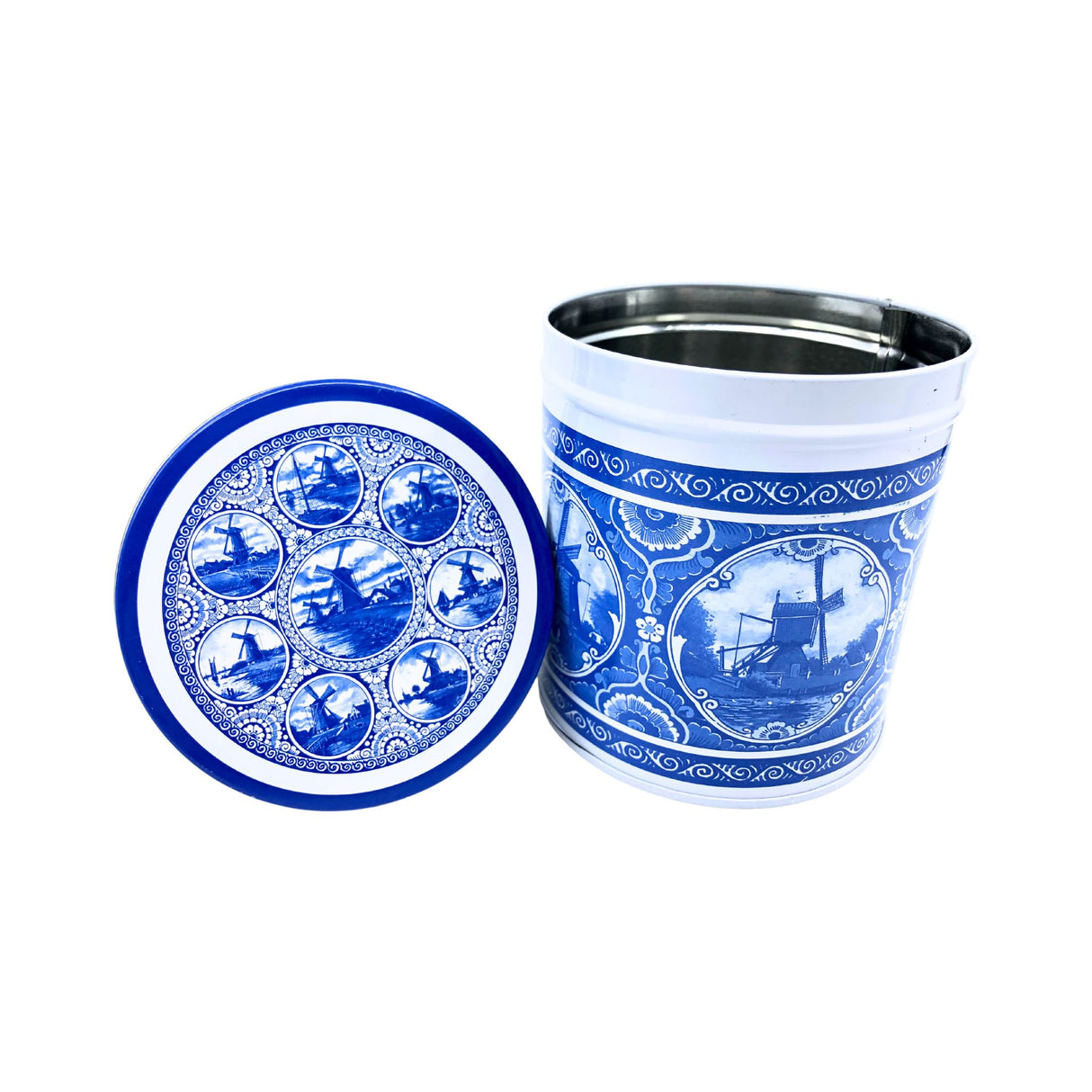 KM Stroopwafel Delf Blue Windmill Tin With 8 stroopwafels