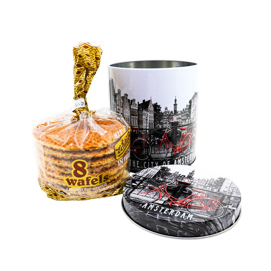 Red Bike In Amsterdam Stroopwafel Tin with Stroopwafels