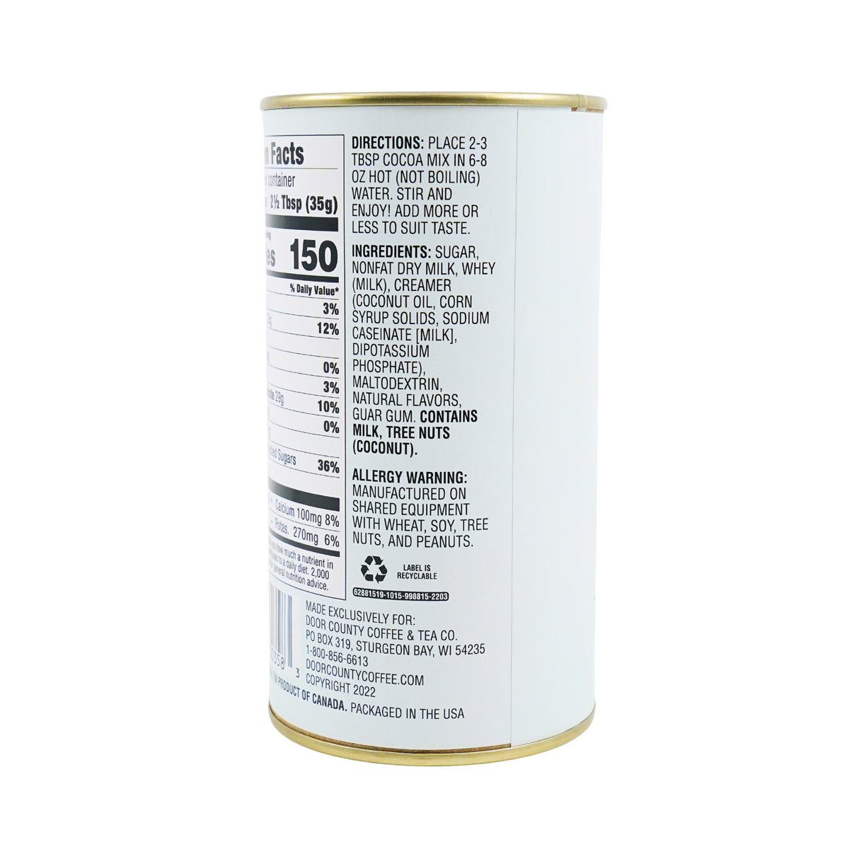 Door County Coffee Belgian White Hot Chocolate Canister 7 oz