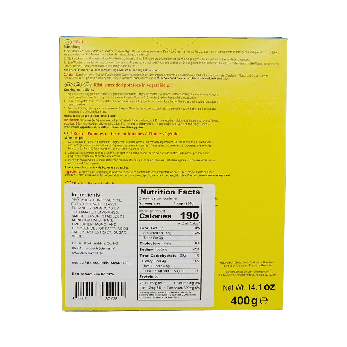 Dr Willi Knoll Rosti (shredded)  Potatos 14.1 oz(10)