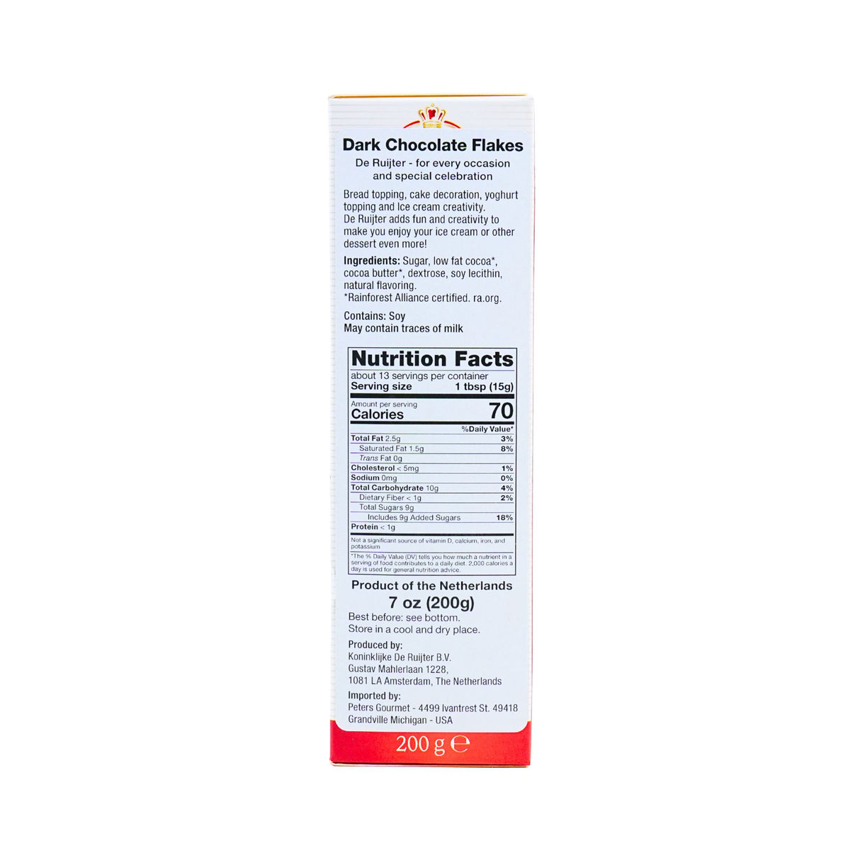 De Ruijter Dark Chocolate Flakes 7oz Box