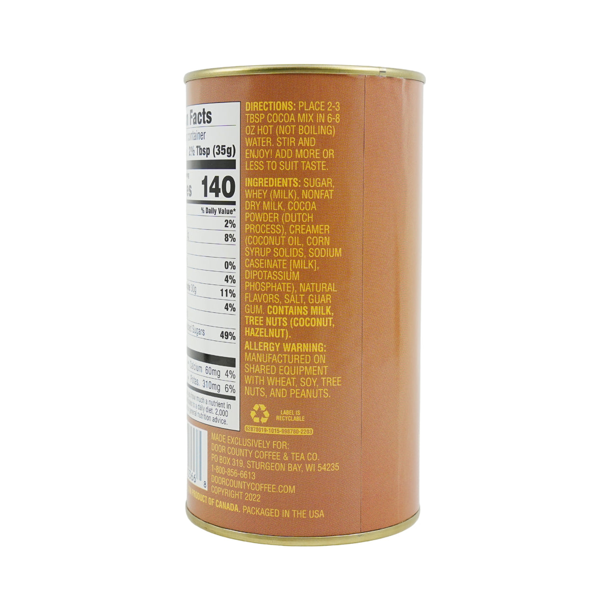 Door County Coffee Milk Chocolate Hazelnut Hot Cocoa Canister 7 oz