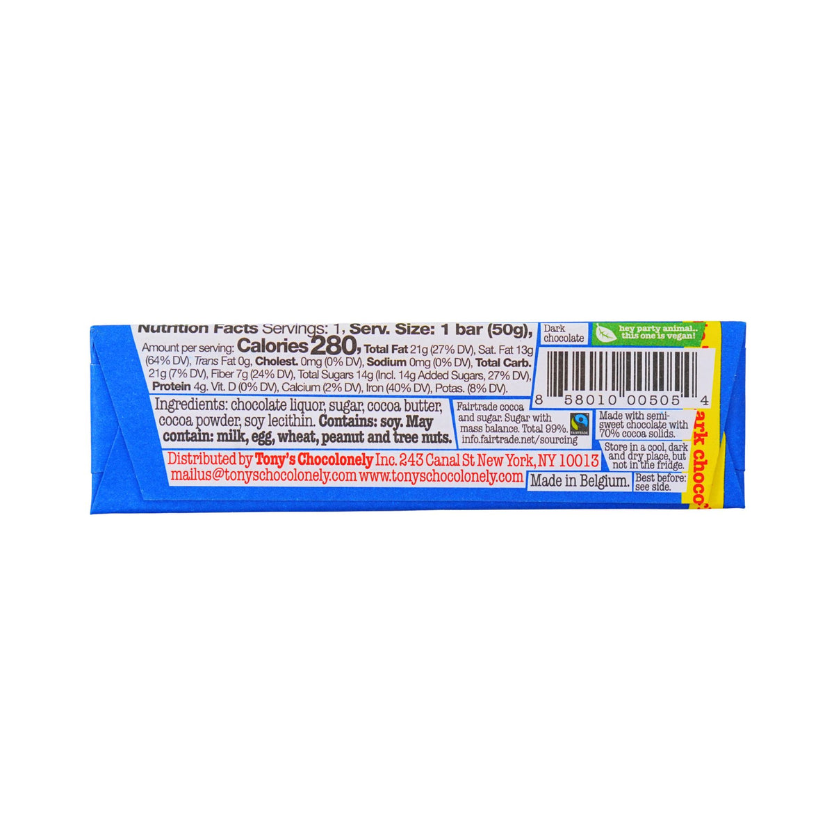 Tonys Chocolonely Dark Chocolate  Bar70%  1.76 oz
